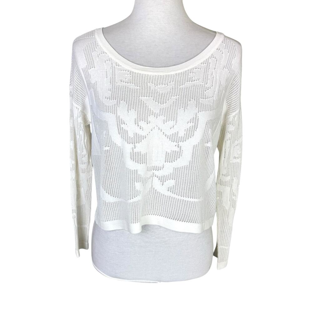 Parker White Sheer Long Sleeve Scroll Pattern Knit Layering Cropped Top Sweater